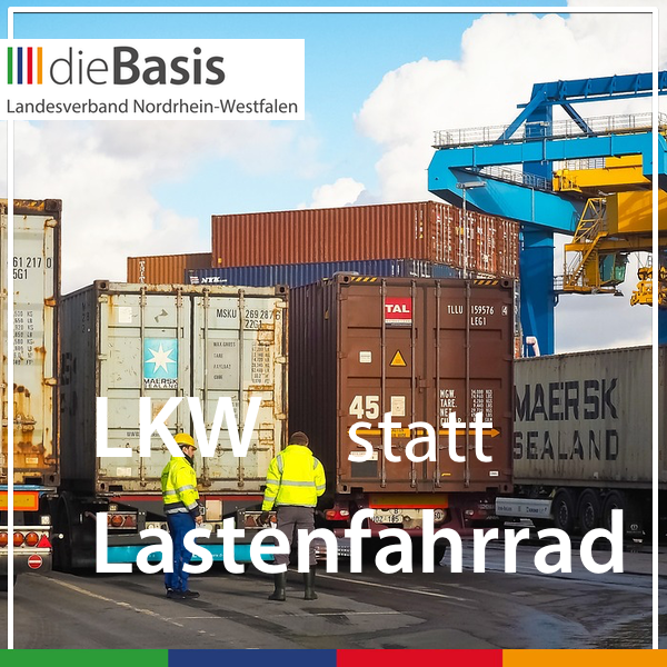 Foto von LKWs und Containern mit Schriftzug "LKW statt Lastenfahrrad"
